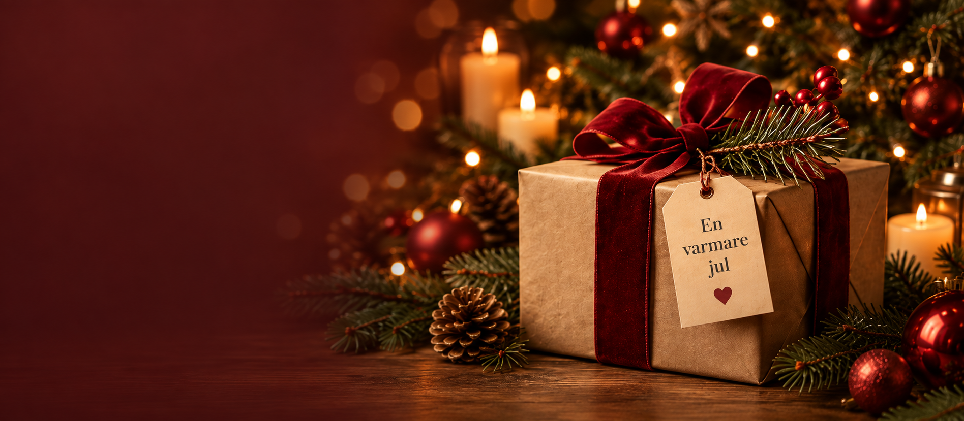 Julklapp med vinrött band, julgran och varm julbelysning