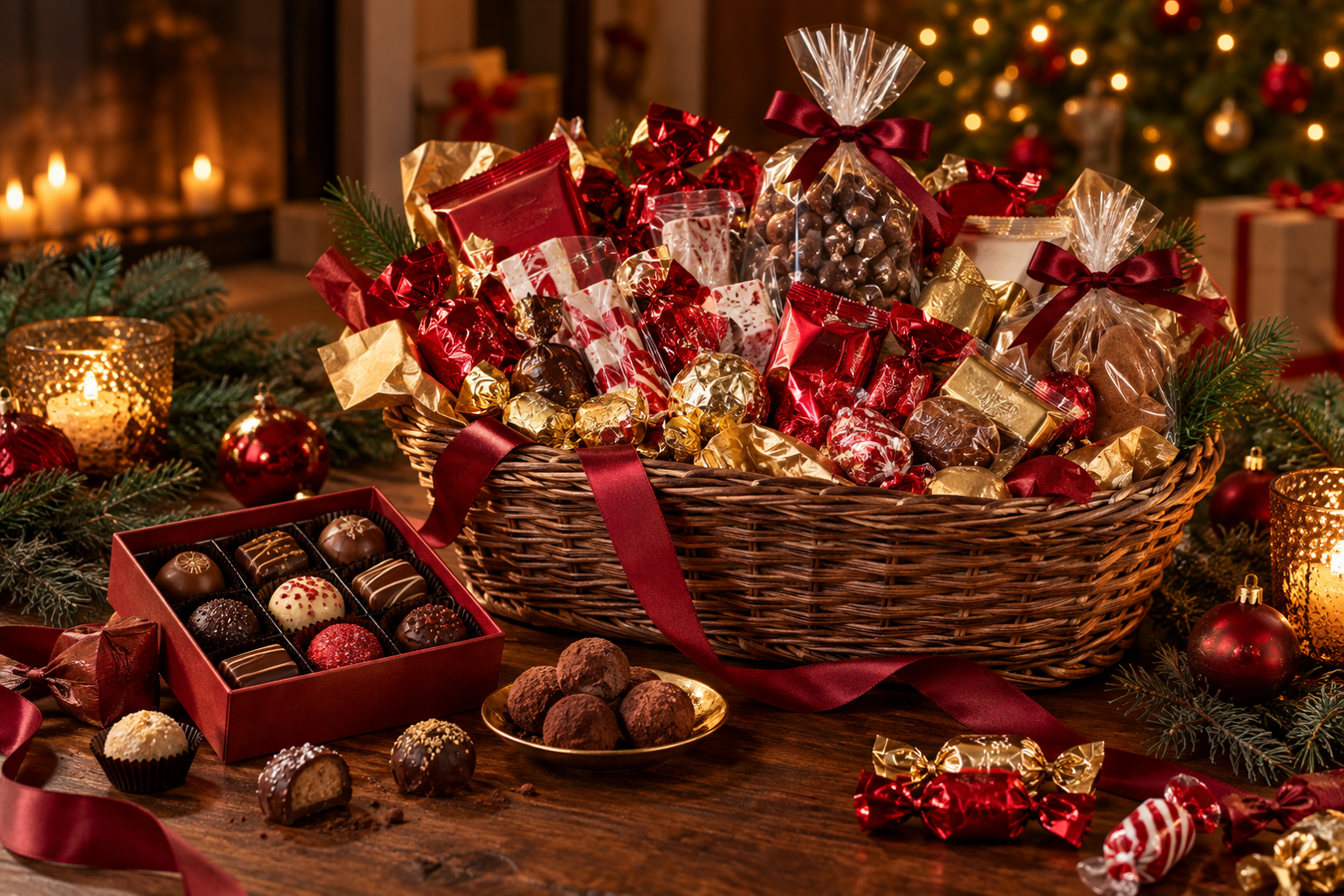 Julgodis i presentkorg med choklad och juldekorationer