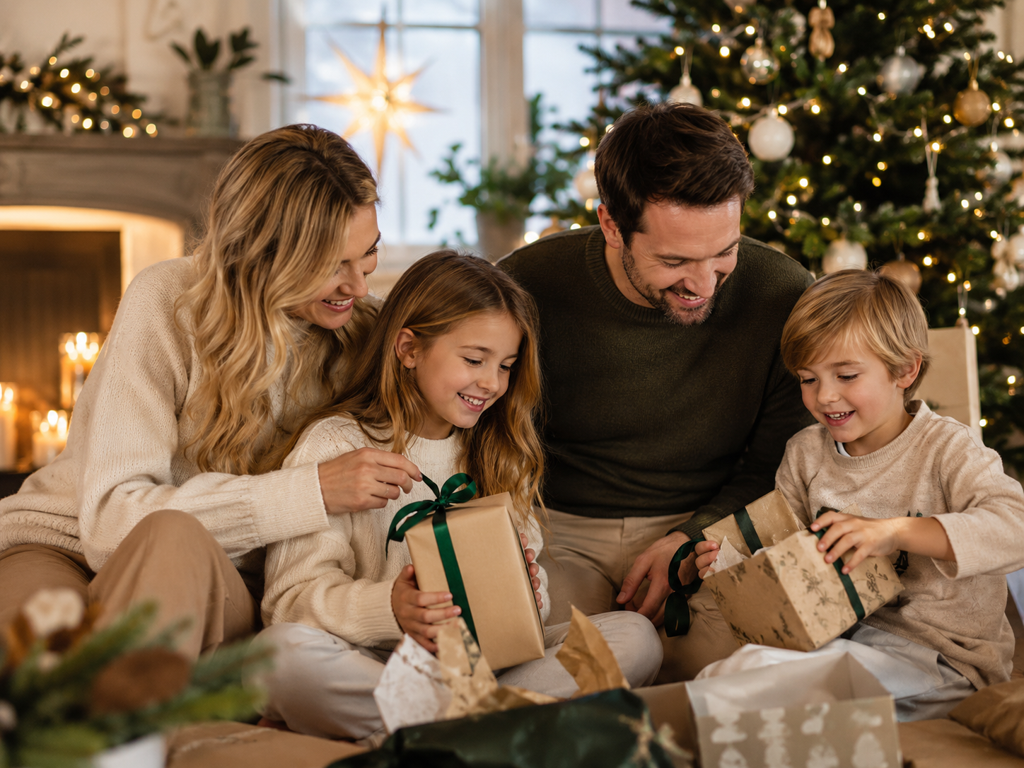 Familj som öppnar julklappar framför granen